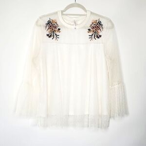 Fairycore Semi-Sheer Mesh Top Size XL Bell Sleeve Floral Embroidered Shirt